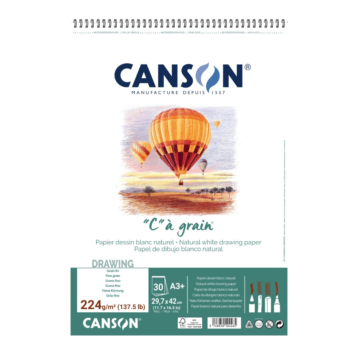 Canson, "C" a grain, 30sheet, A3+ (27.7 x 42cm) Size - White, 224 gm- Spiral- 07021537